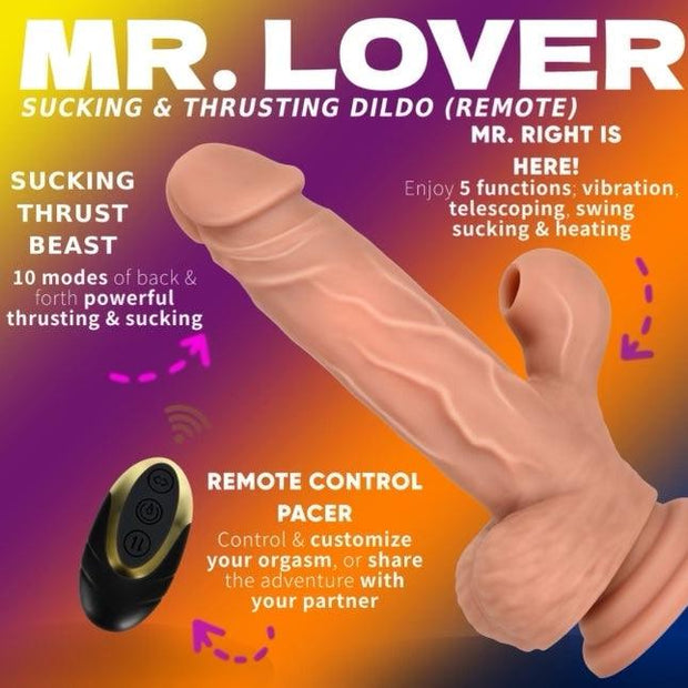 The Secret Affaire's Mr. Lover Sucking Thrusting Dildo Vibrator is featured, showing its lifelike texture, suction base, powerful vibes, and customizable remote-controlled settings for a tailored pleasure experience.